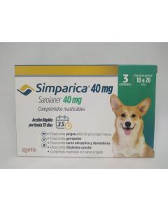 Simparica - 40mg Sarolaner - 3 Comprimidos Masticables para Perros 10 a 20kg