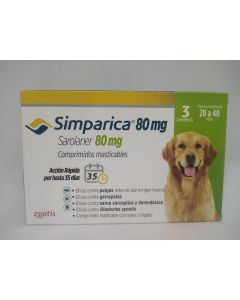 Simparica - 80mg Sarolaner - 3 Comprimidos Masticables para Perros 20 a 40kg
